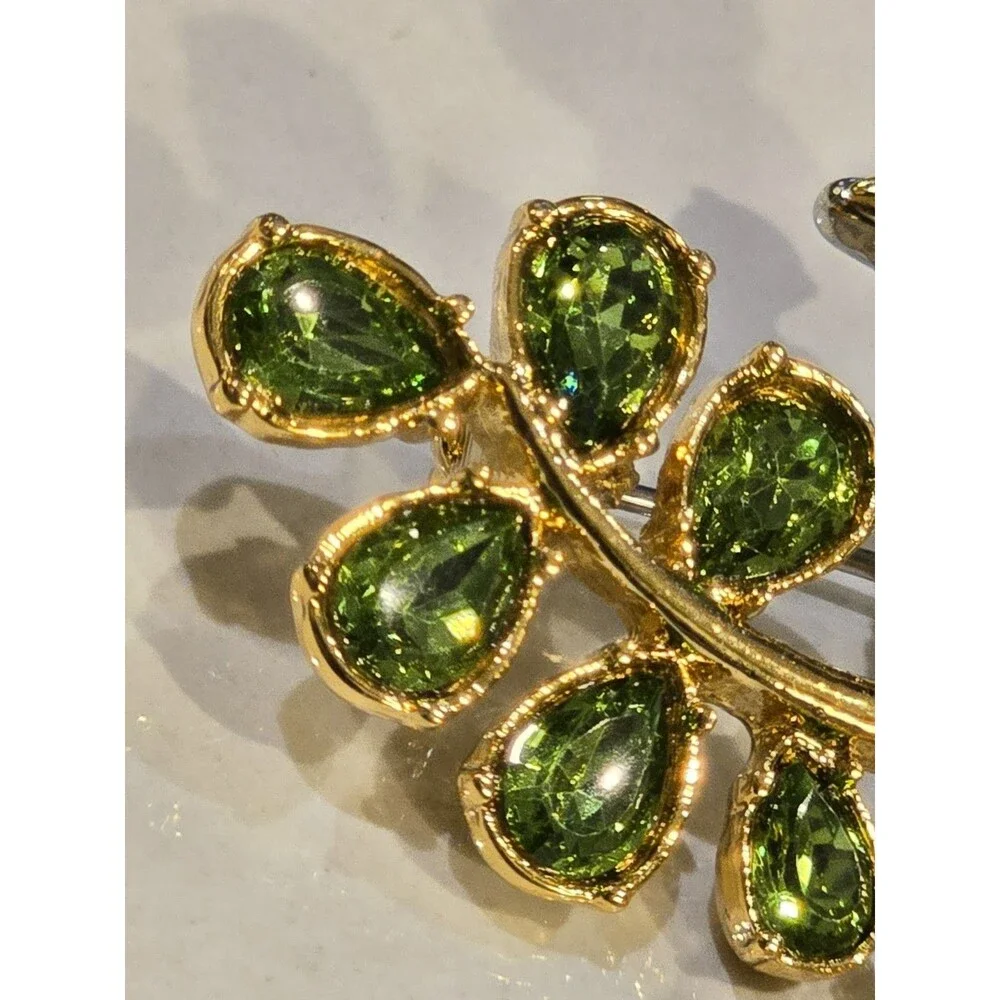 Talbots Jeweled Bird Brooch Rhinestone Green Crystal Branch Pin Figural #1397